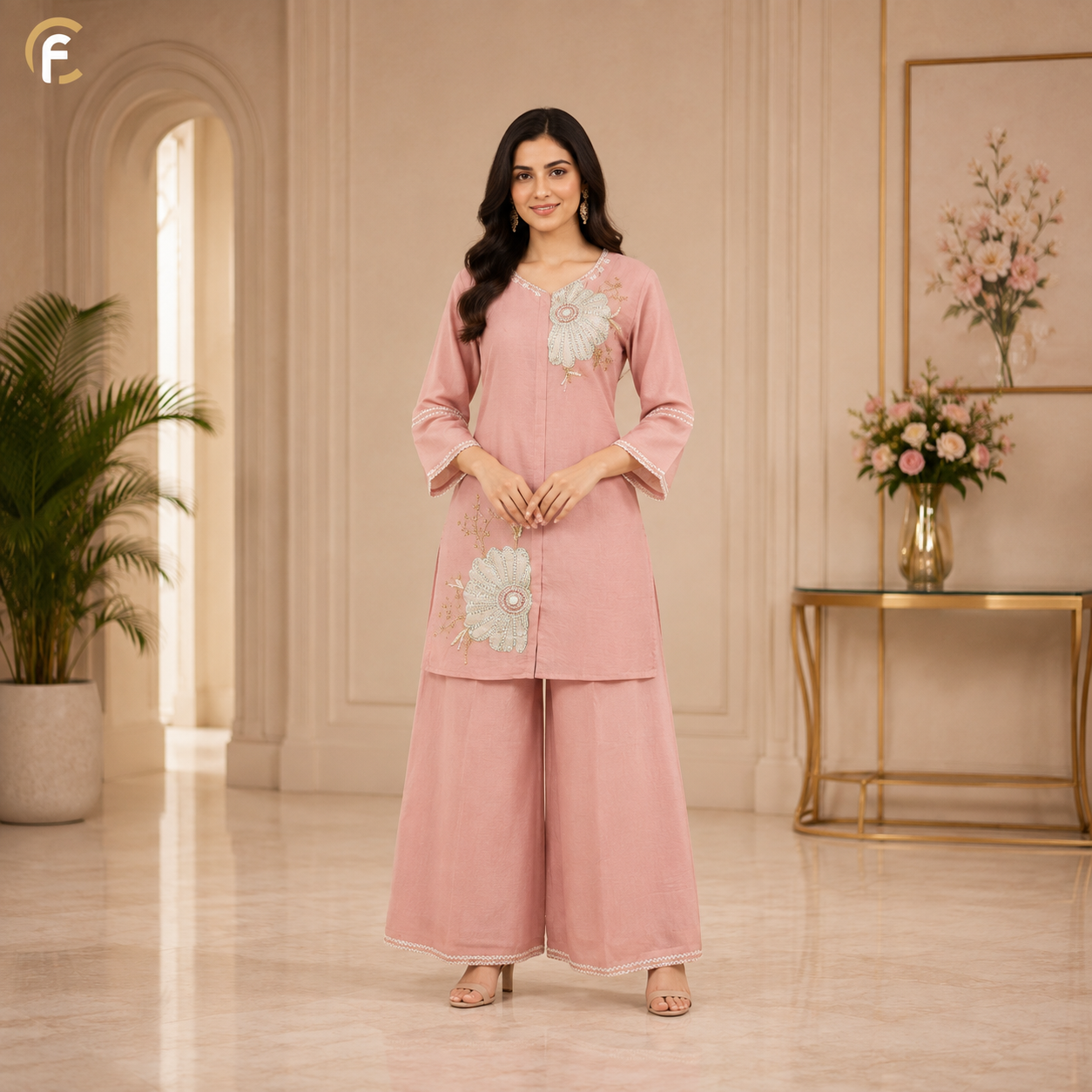 Peach Palazzo Co-ord Set with V-Neck Embroidery Work