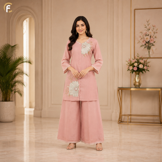Peach Palazzo Co-ord Set with V-Neck Embroidery Work