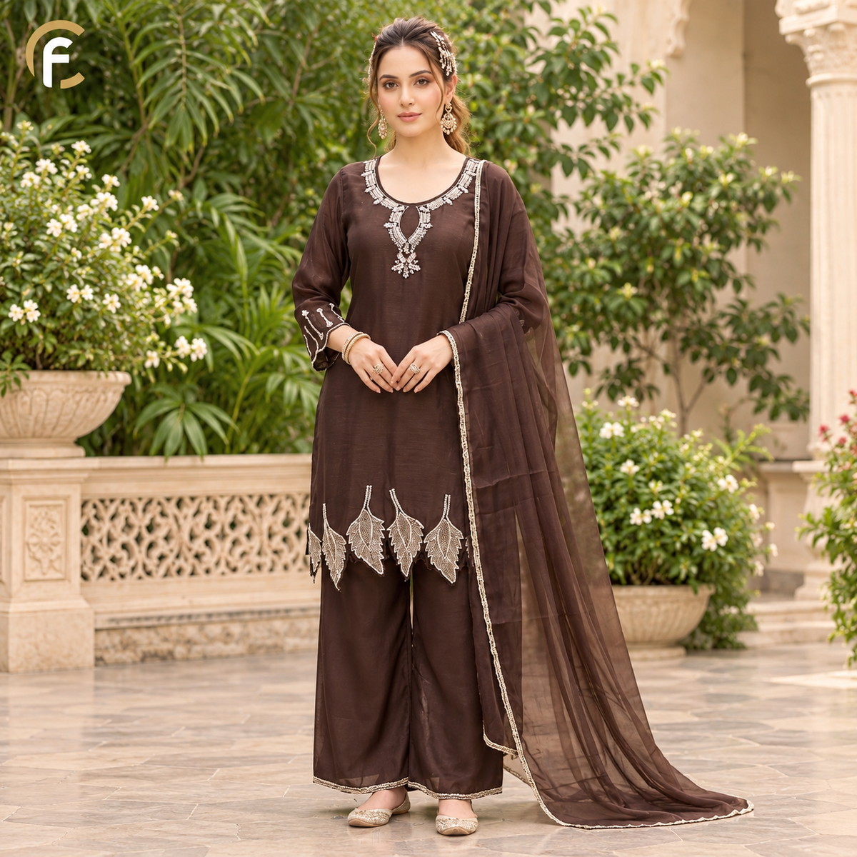 Dark Brown Short Kurti with Palazzo and Dupatta