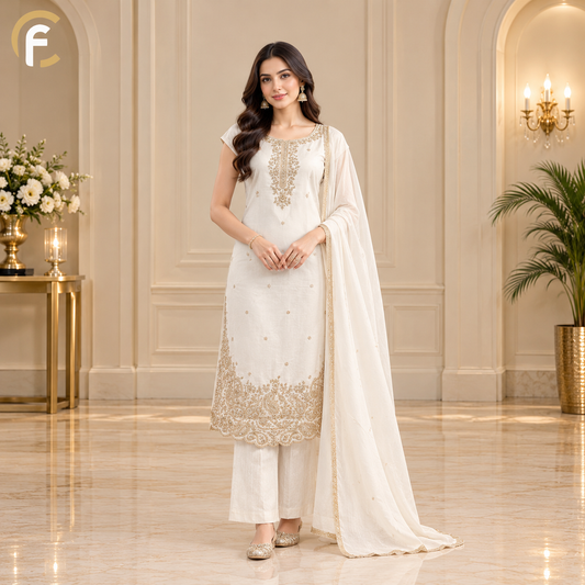 White Sleeveless Kurti with Pant and Golden Work