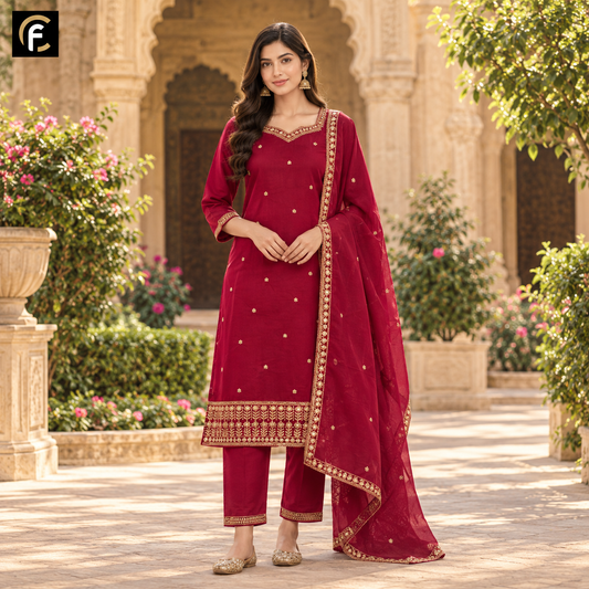 Red Karwa Chauth Special Suit with Pant and Dupatta