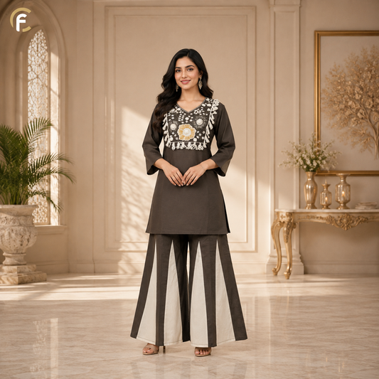 Coffee Blend Co-ord Set with White Texture Palazzo