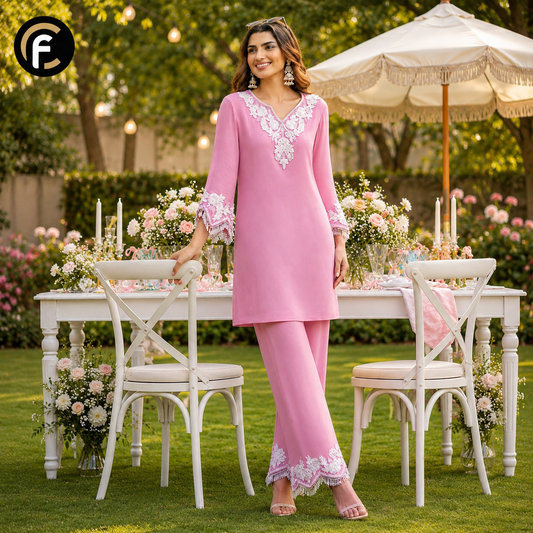 Baby Pink V-Neck Kurti Palazzo Set with Pearl Work