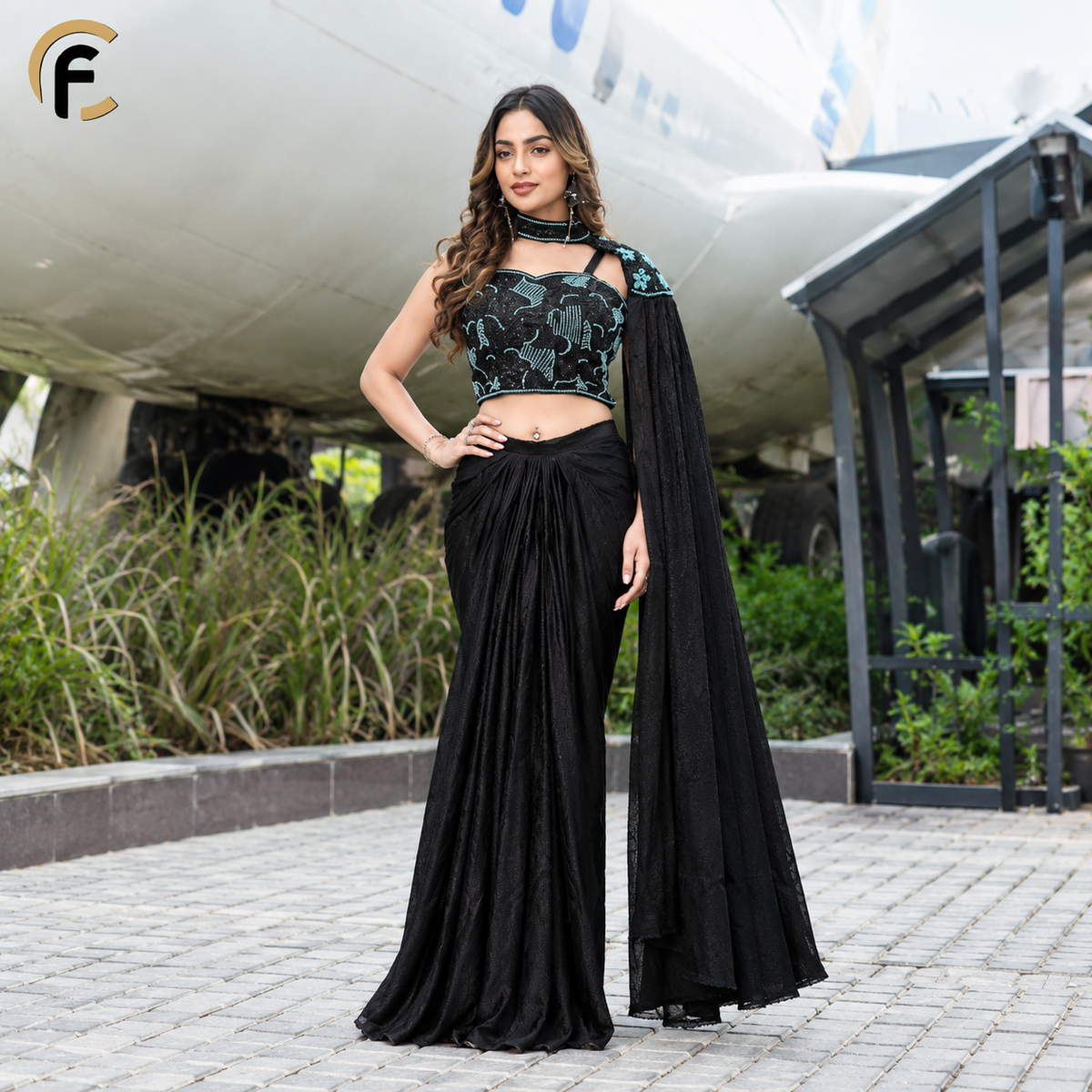 Black Crop Top with Cowl Skirt and One Sided Neck Shrug