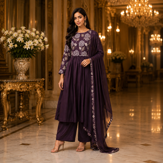 Wine Anarkali in Chiffon Fabric with White Long Printed Sleeves
