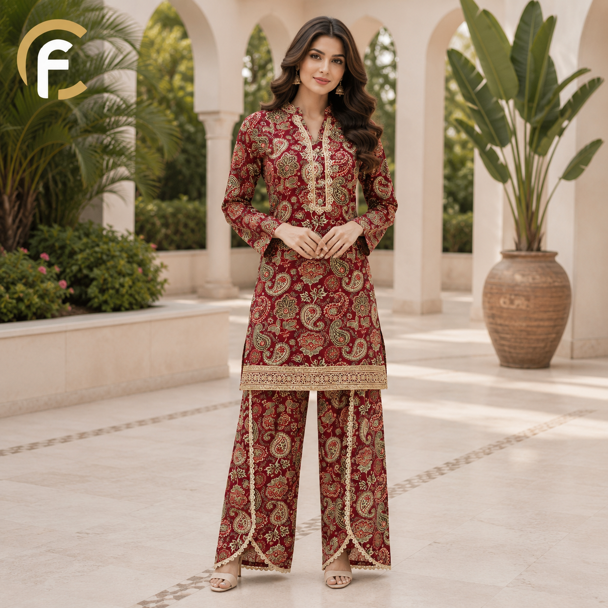 Red Printed Co-ord Set with Border Design & Palazzo