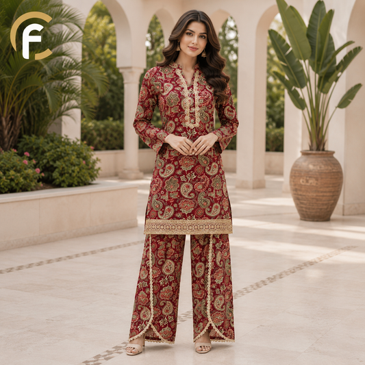 Red Printed Co-ord Set with Border Design & Palazzo