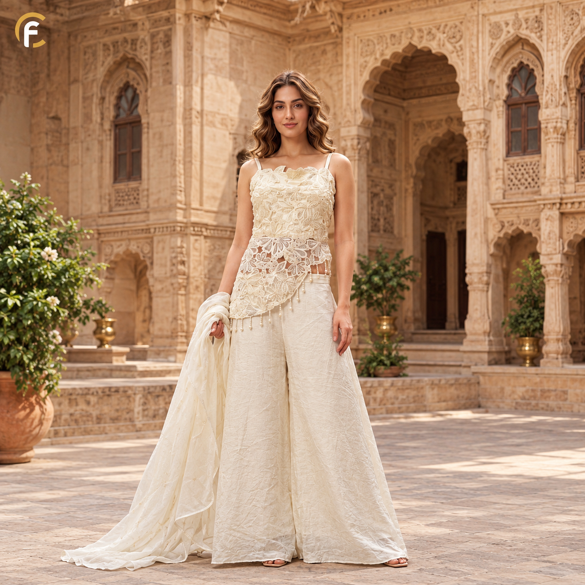 Half White Peplum Top with Palazzo and Dupatta