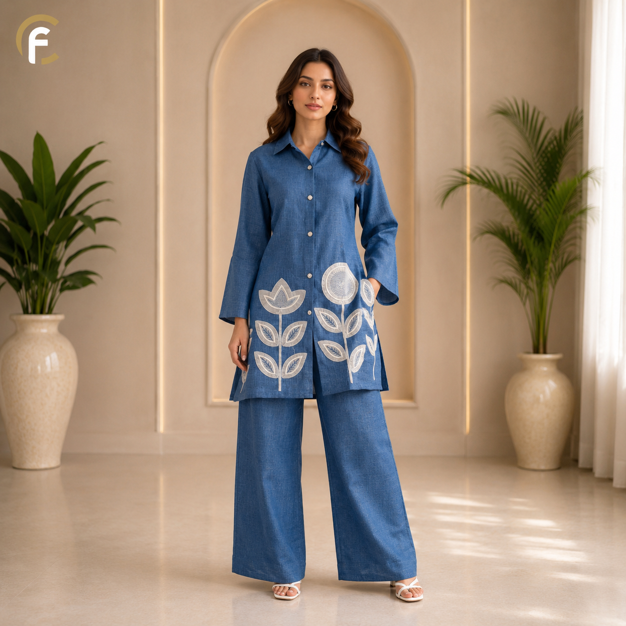 Denim Blue Co-ord Set with Embroidery & Palazzo