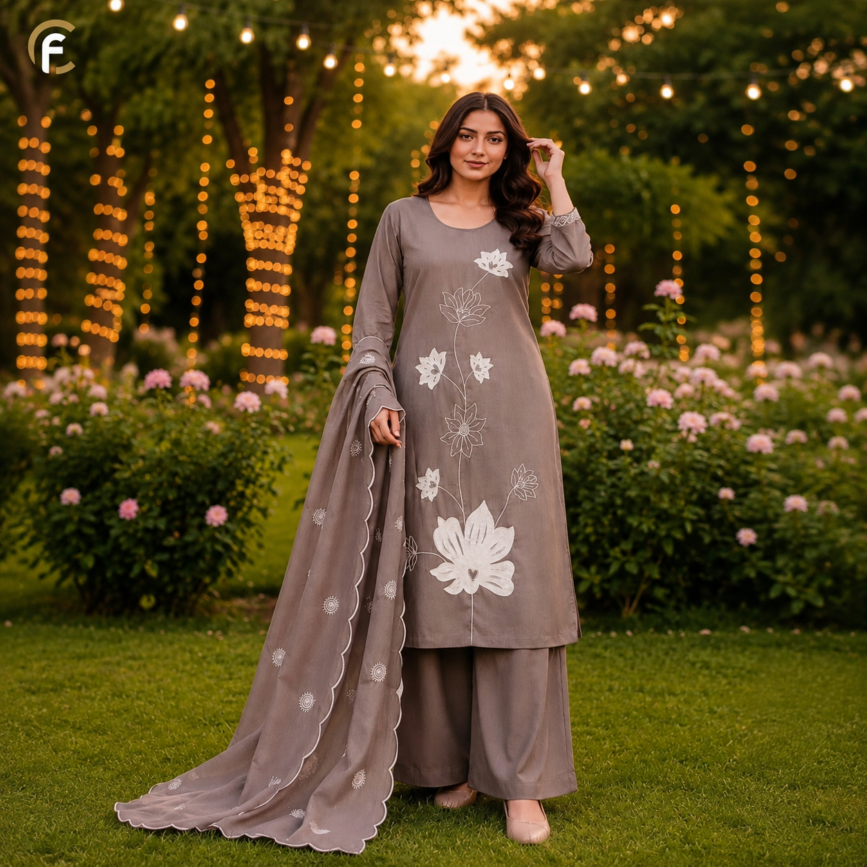 Grey Kurti with White Work & Amazing Dupatta