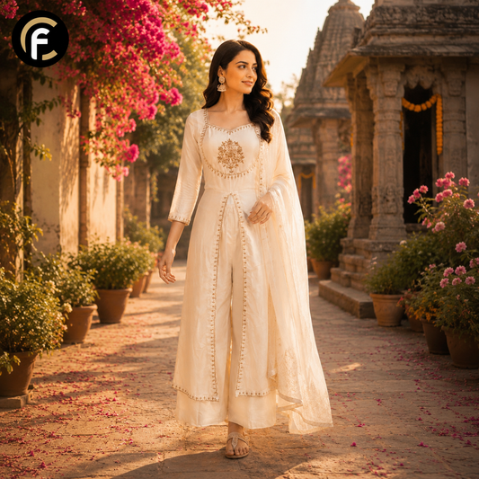 White Front Cut Suit with Banarasi Dupatta and Palazzo