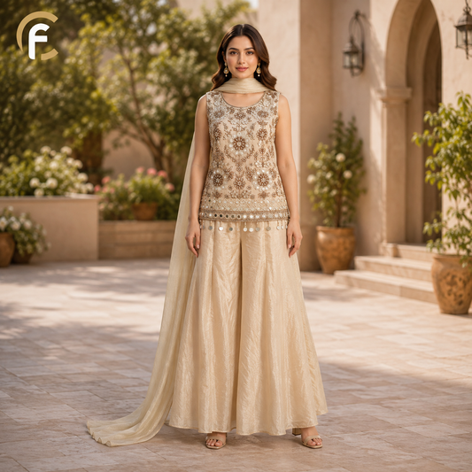 Beautiful Ivory Top with Palazzo and Plain Dupatta