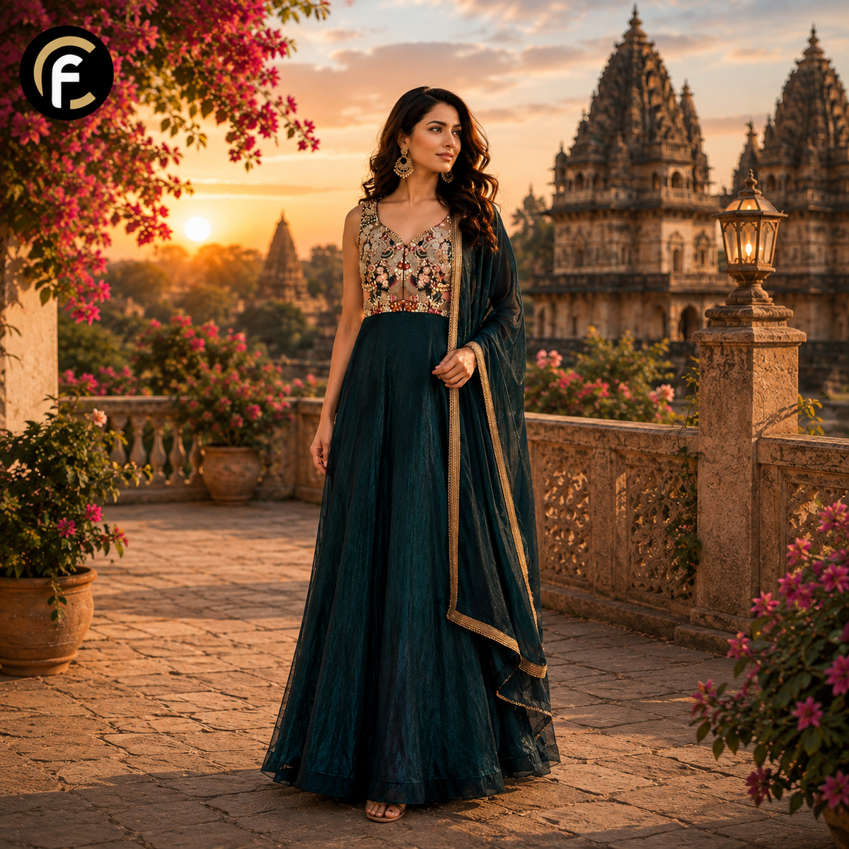 Rama Green Evening Gown with Pearl Work and Dupatta