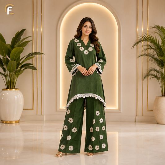 Bottle Green Co-ord Set with White Work