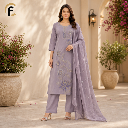 Lite Lavender Kurti Set with Beautiful Embroidery Dupatta