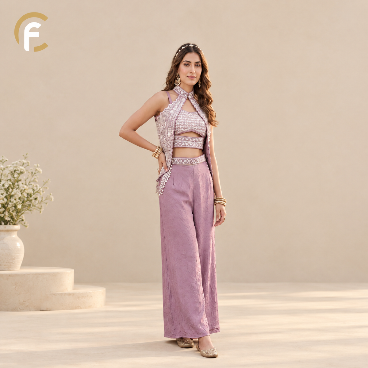 Lavender Crop Top with Palazzo and Open Shrug
