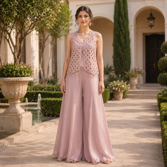 Pink Crop Top Palazzo Set with Shrug