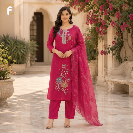 Hot Pink Shade Suit with Work Dupatta