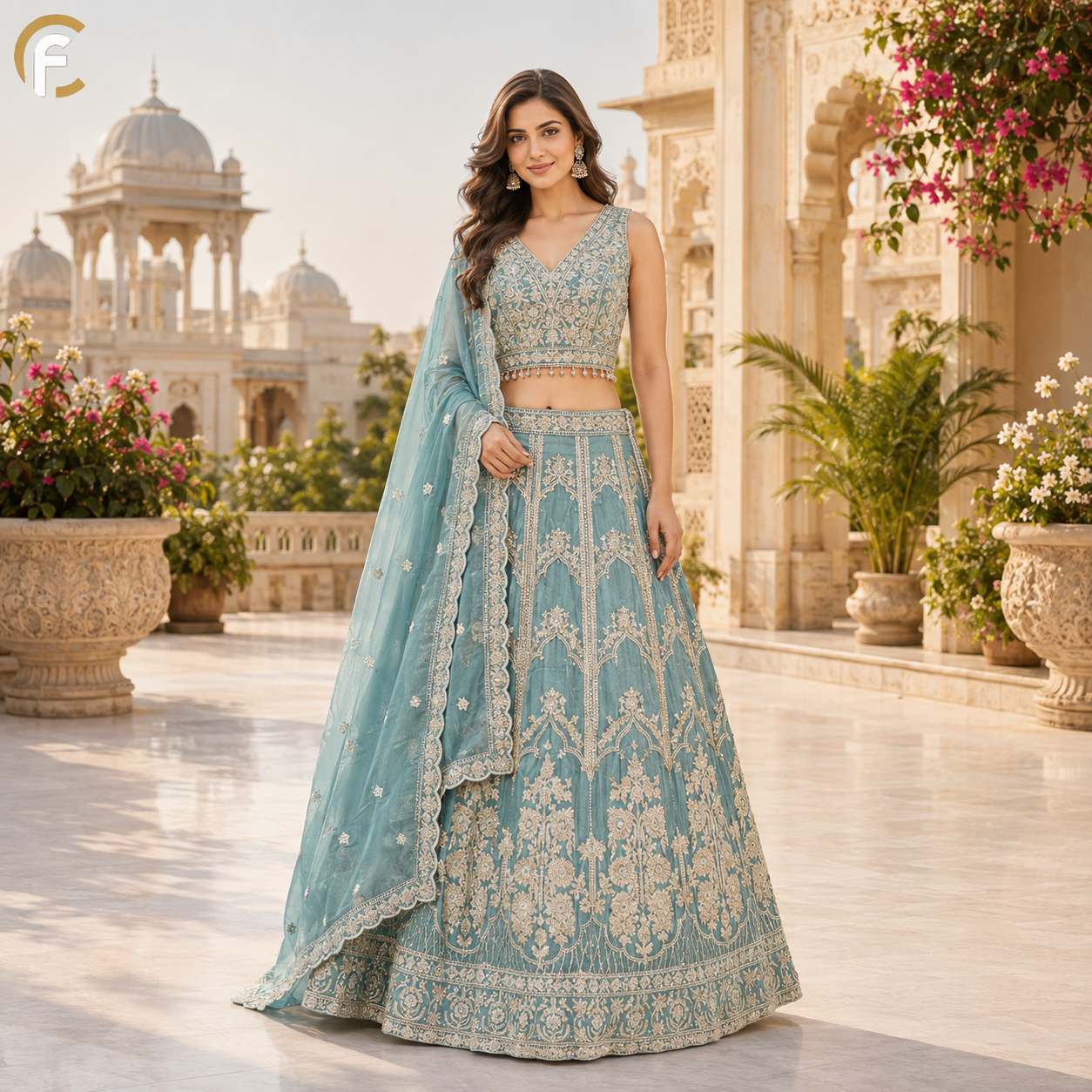 Sky Blue Shade Lehenga Crop Top with Full Thread Work on Skirt and Heavy Work Dupatta