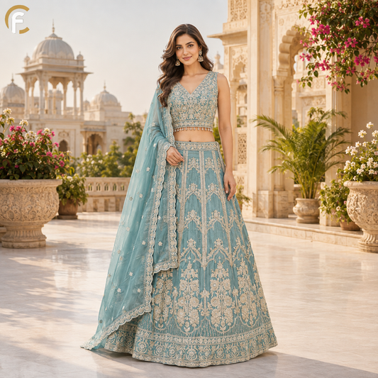 Sky Blue Shade Lehenga Crop Top with Full Thread Work on Skirt and Heavy Work Dupatta