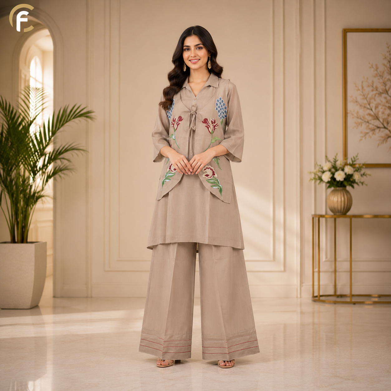 Coffee Co-ord Set with Embroidered Jacket