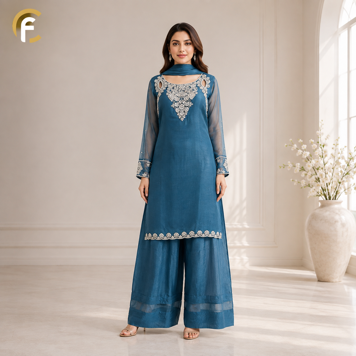 Teal Blue Shade Palazzo Kurti with Net Sleeves and Beautiful Work