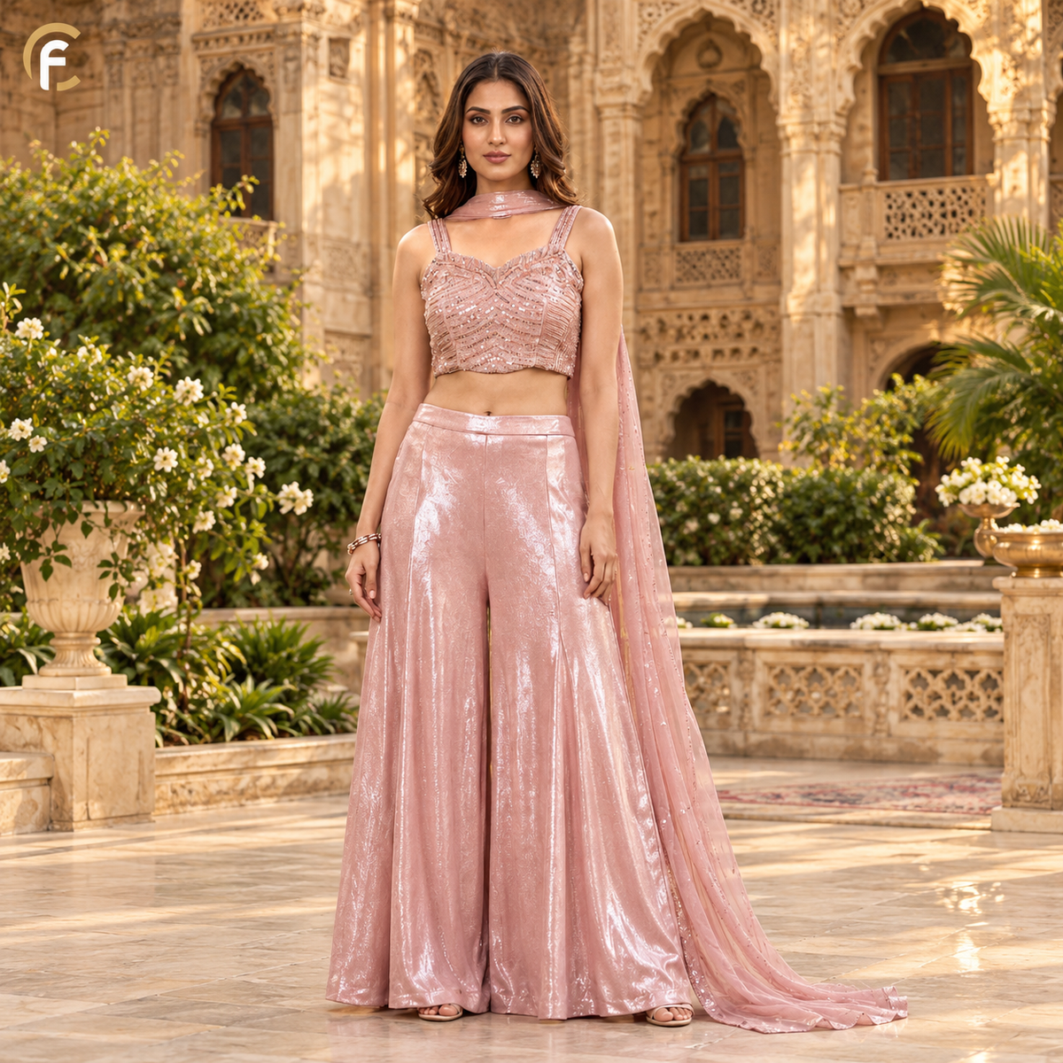 Baby Pink Shimmer Palazzo Set with Crop Top and Dupatta