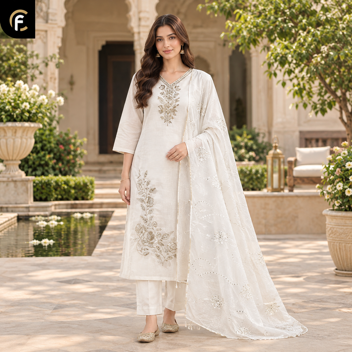 White Kurti with Pant Set and Work Dupatta