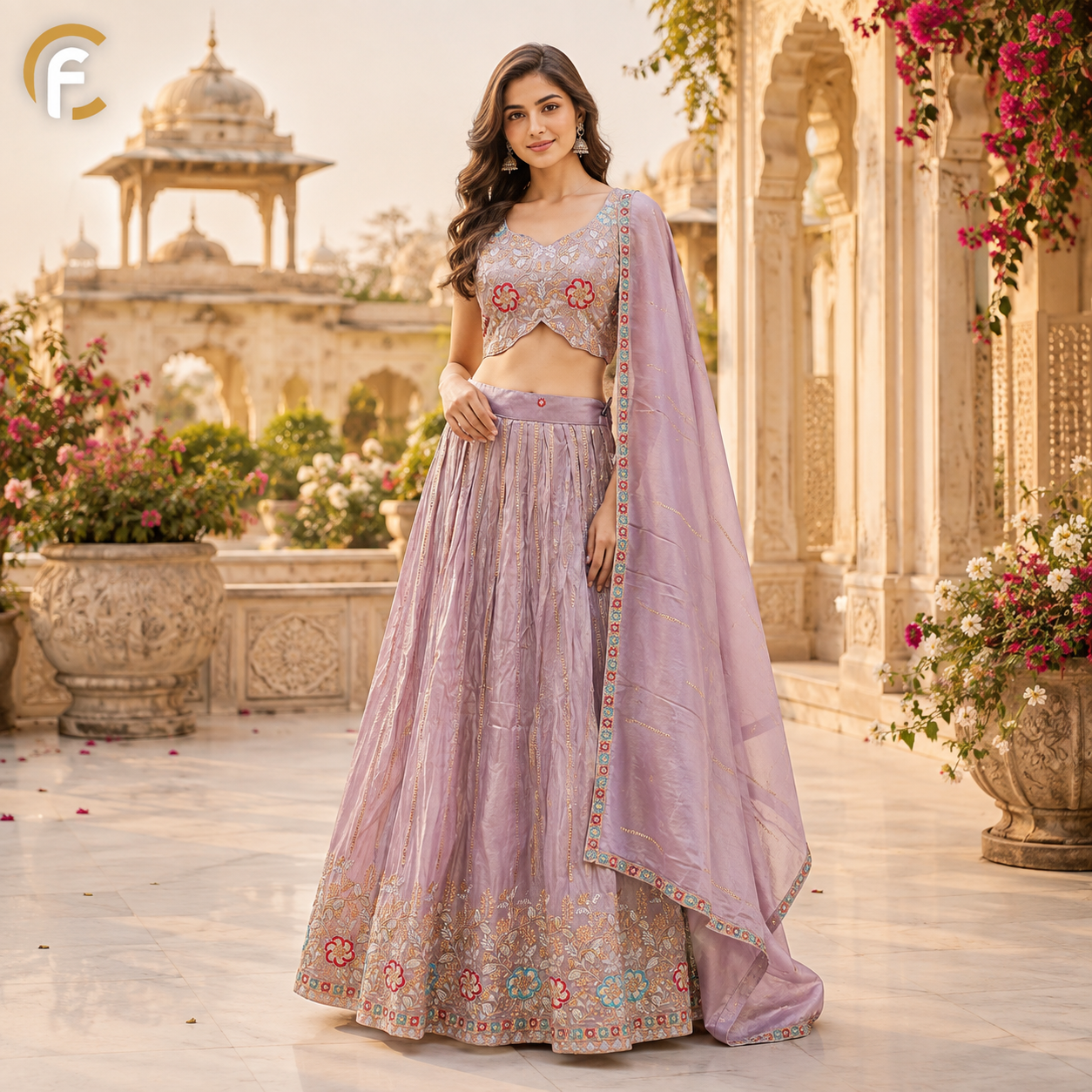 Peach Pink Shade Lehenga Crop Top Stylish Handwork with Dupatta