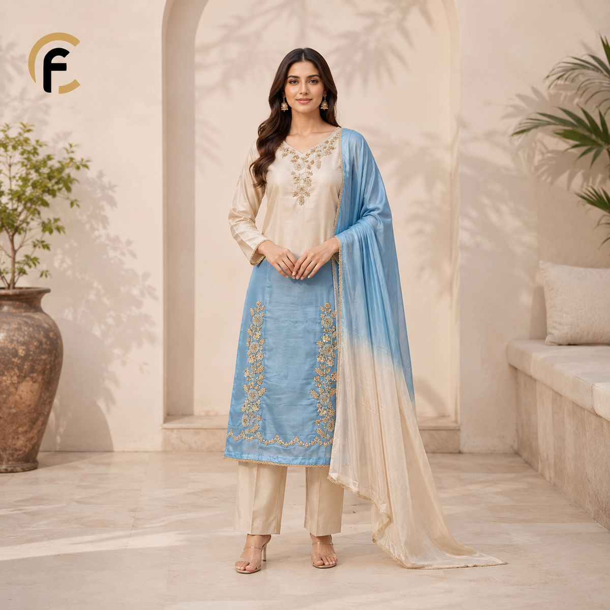Stylish Zari Work Ivory & Blue Shaded Suit with Dupatta