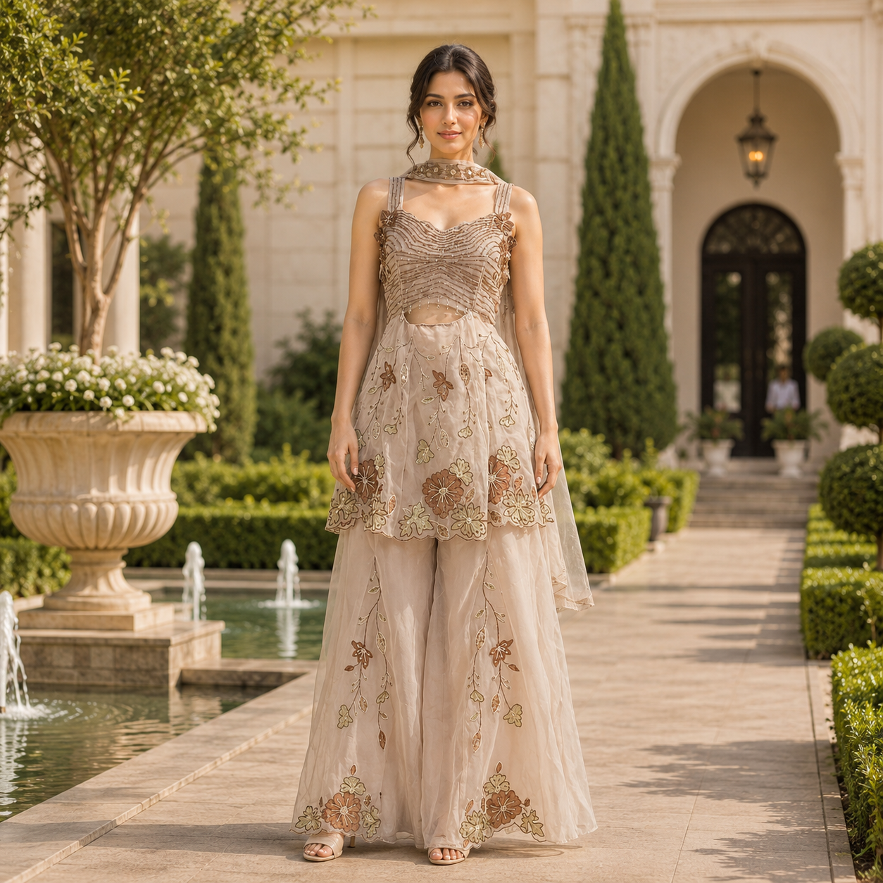 Ivory Peplum Palazzo Set with Beautiful Work & Neck Dupatta