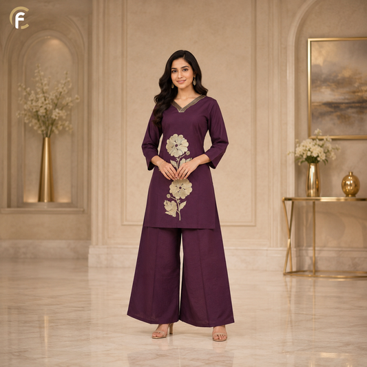 Wine Co-ord Set with V-Neck Flower Work