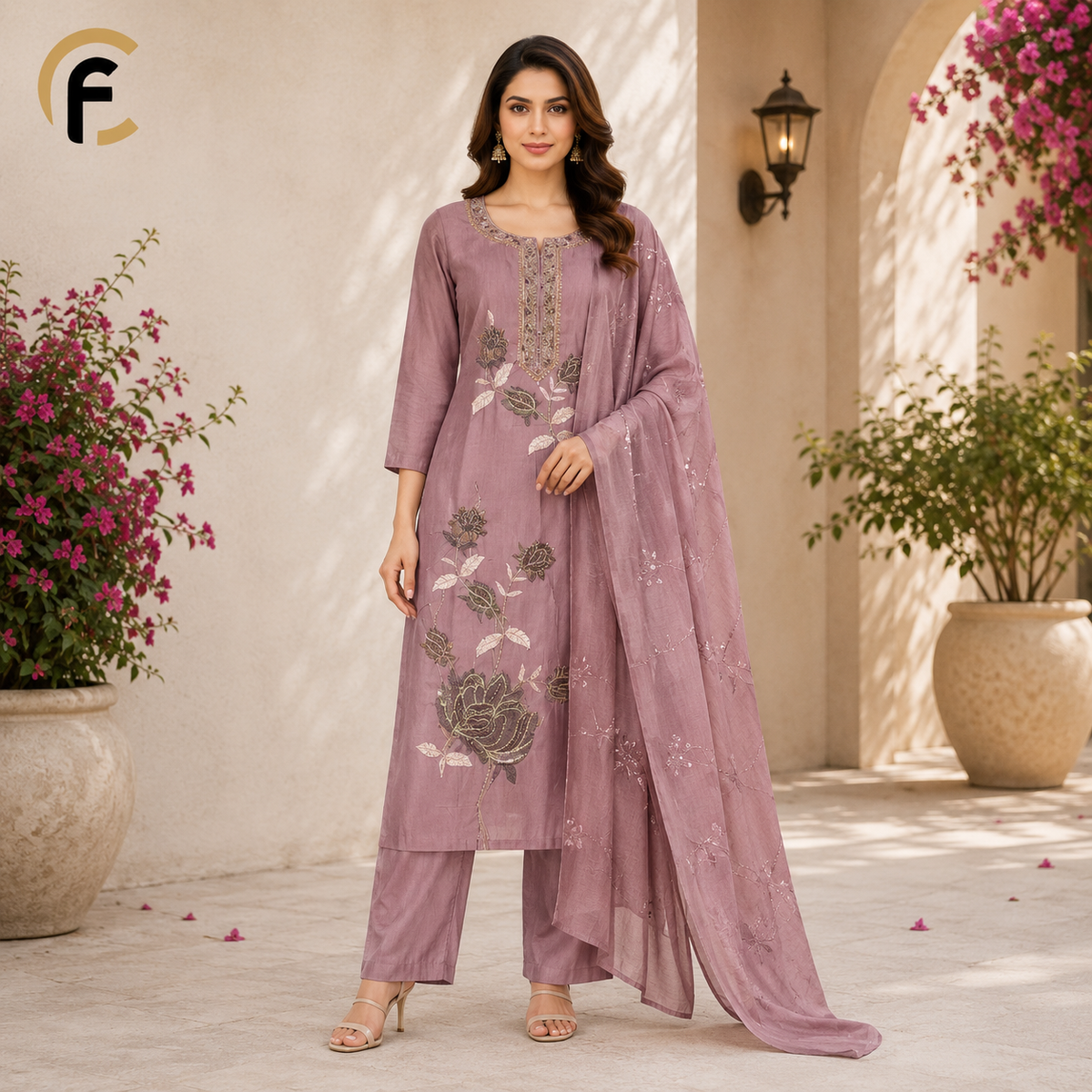 Magenta Kurti with Embroidery Work Dupatta and Plain Pant