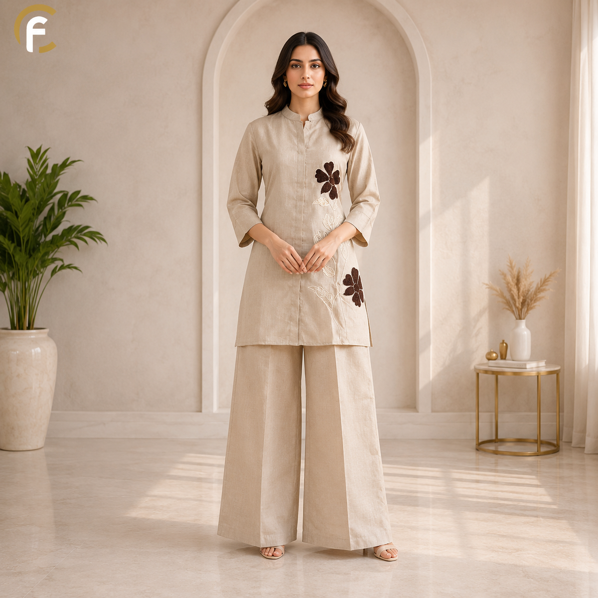 Ivory Co-ord Set with Brown Embroidery