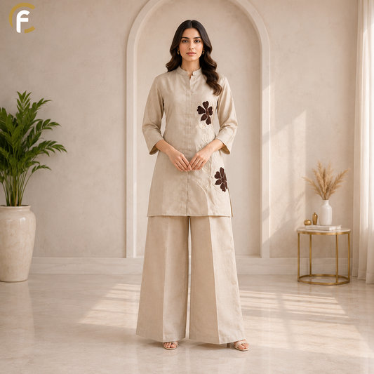 Ivory Co-ord Set with Brown Embroidery