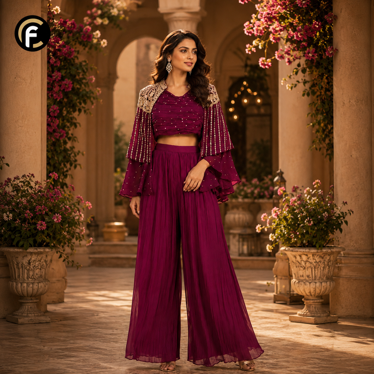 Wine Crop Top Palazzo with Short Shrug