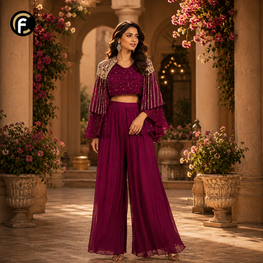 Wine Crop Top Palazzo with Short Shrug