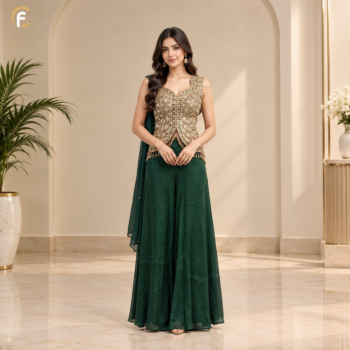 Bottle Green Peplum with Gher Palazzo and Dupatta