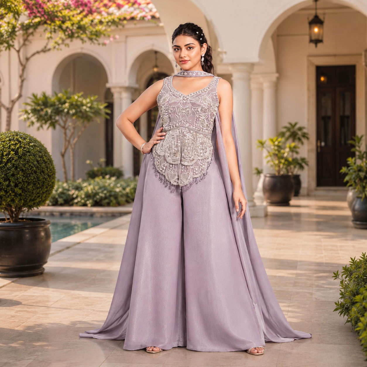 Lavender Peplum with Gher Palazzo & Neck Dupatta