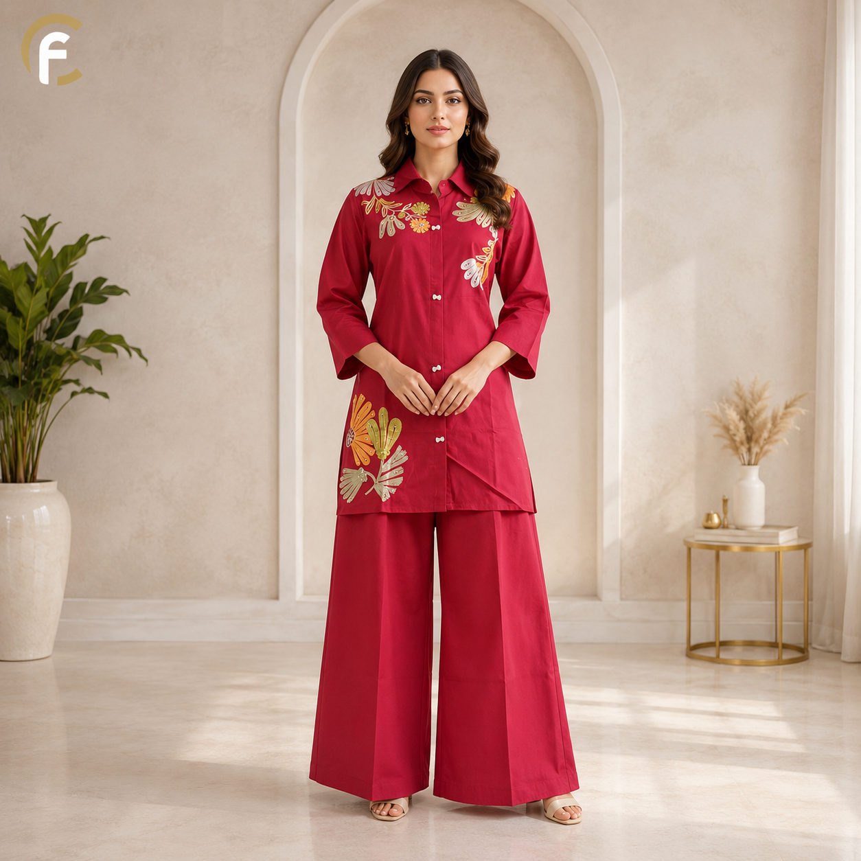 Red Shirt Pattern Co-ord Set with Cotton Palazzo