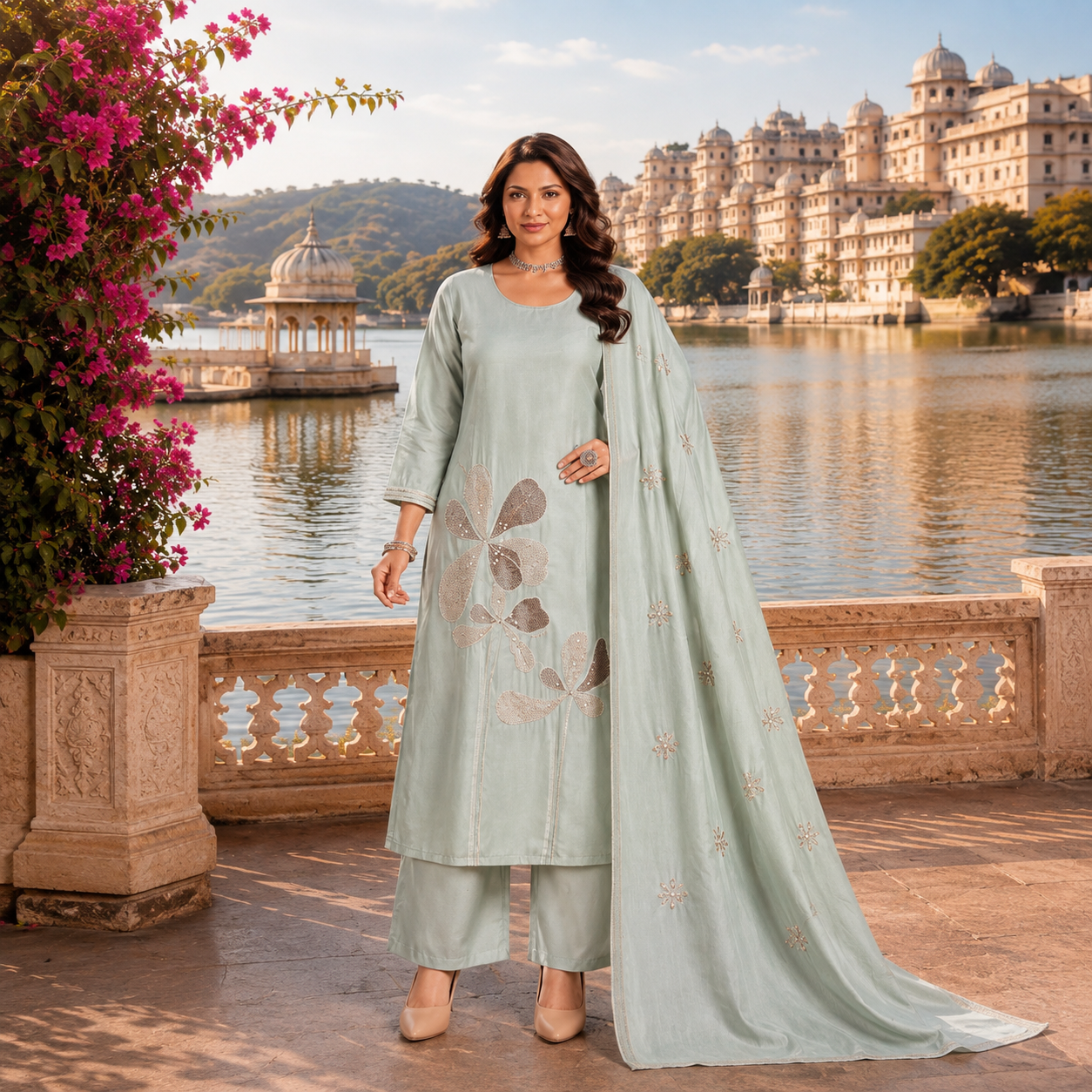 Sea Green Kurti with Thread Work, Plain Pant & Heavy Dupatta
