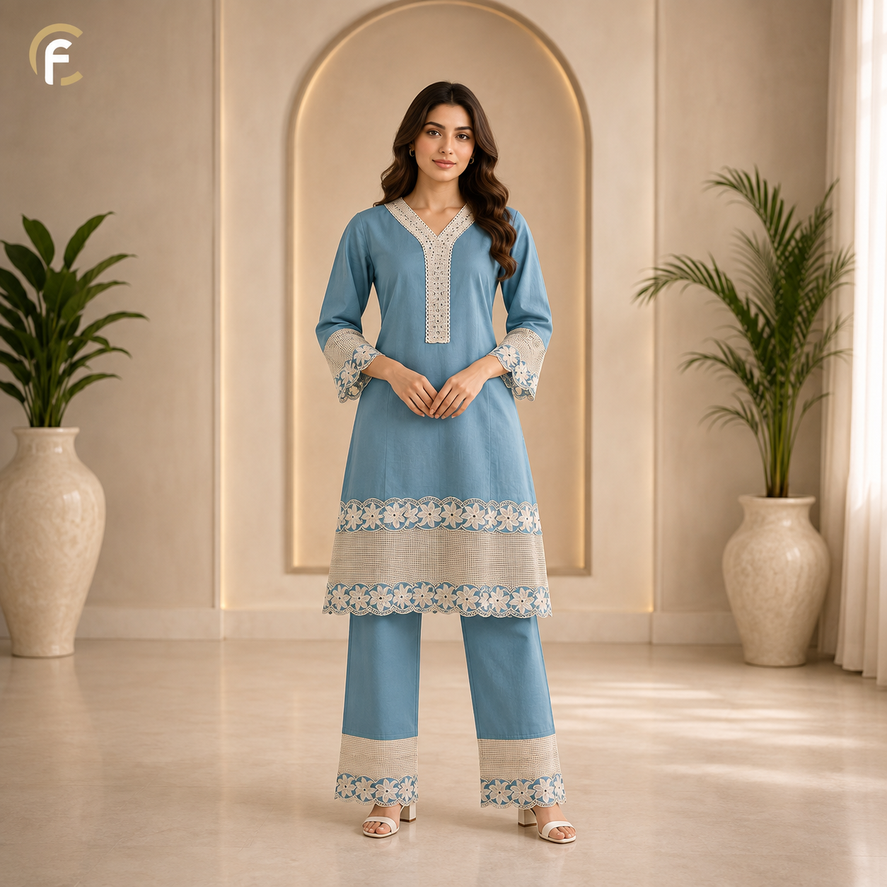 Sky Blue Co-ord Set with White Embroidered Border