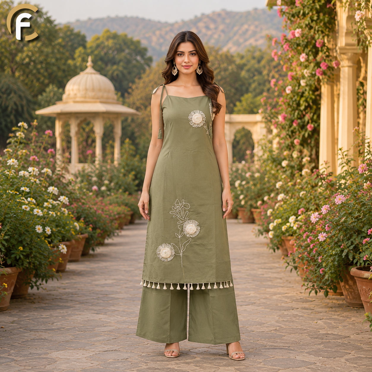Pista Green Spaghetti Kurti Set with Nylon Thread Work