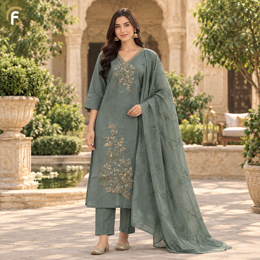 Green V-Neck Kurti with Pant Set and Work