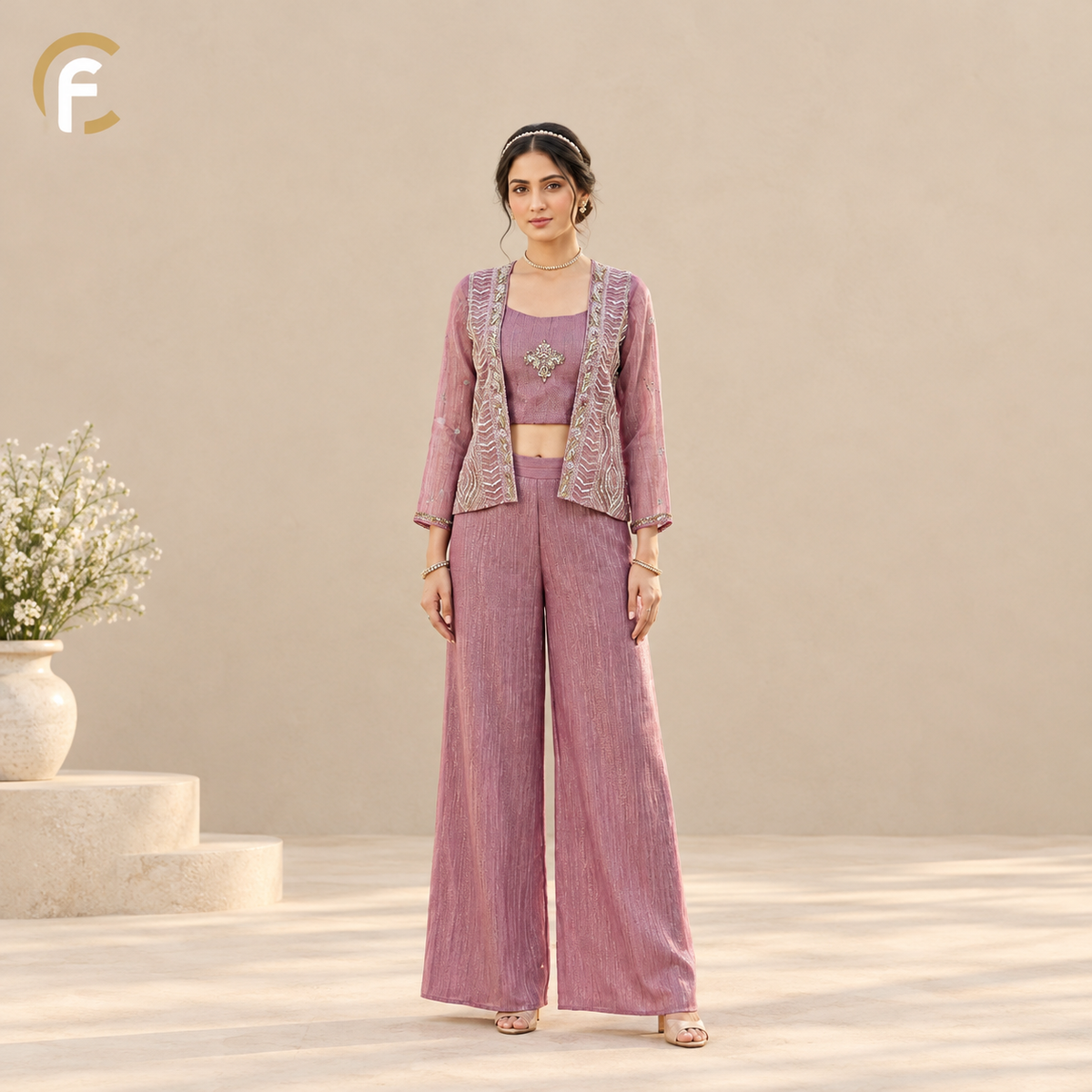 Pink Shade Crop Top with Palazzo and Shrug in Salsa Fabric