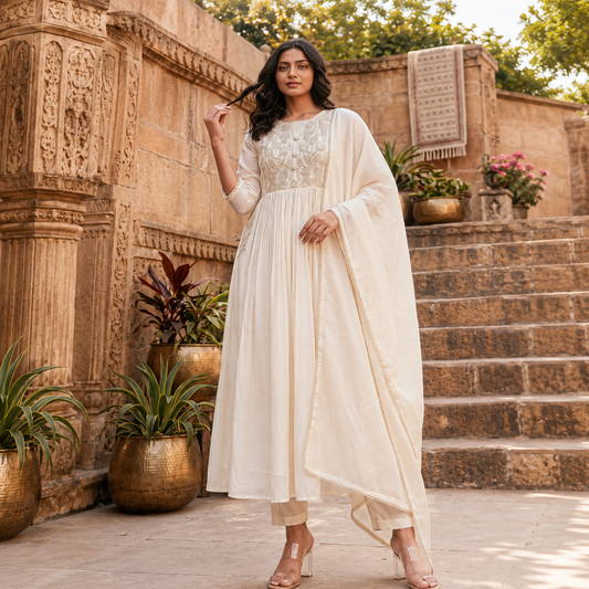 Half White Anarkali Set with Pant & Dupatta