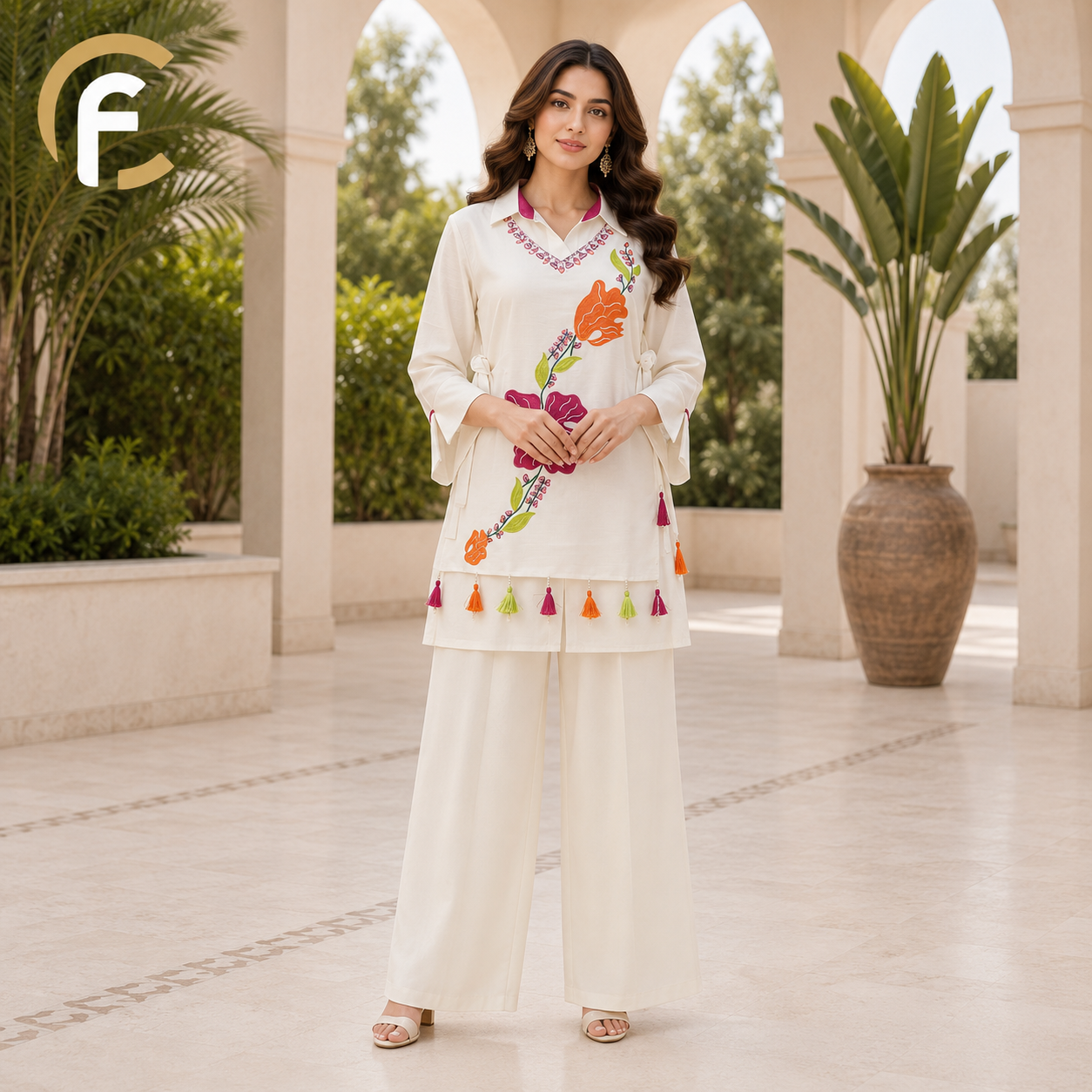 White Shrug Style Co-ord Set with V-Neck & Plain Inner