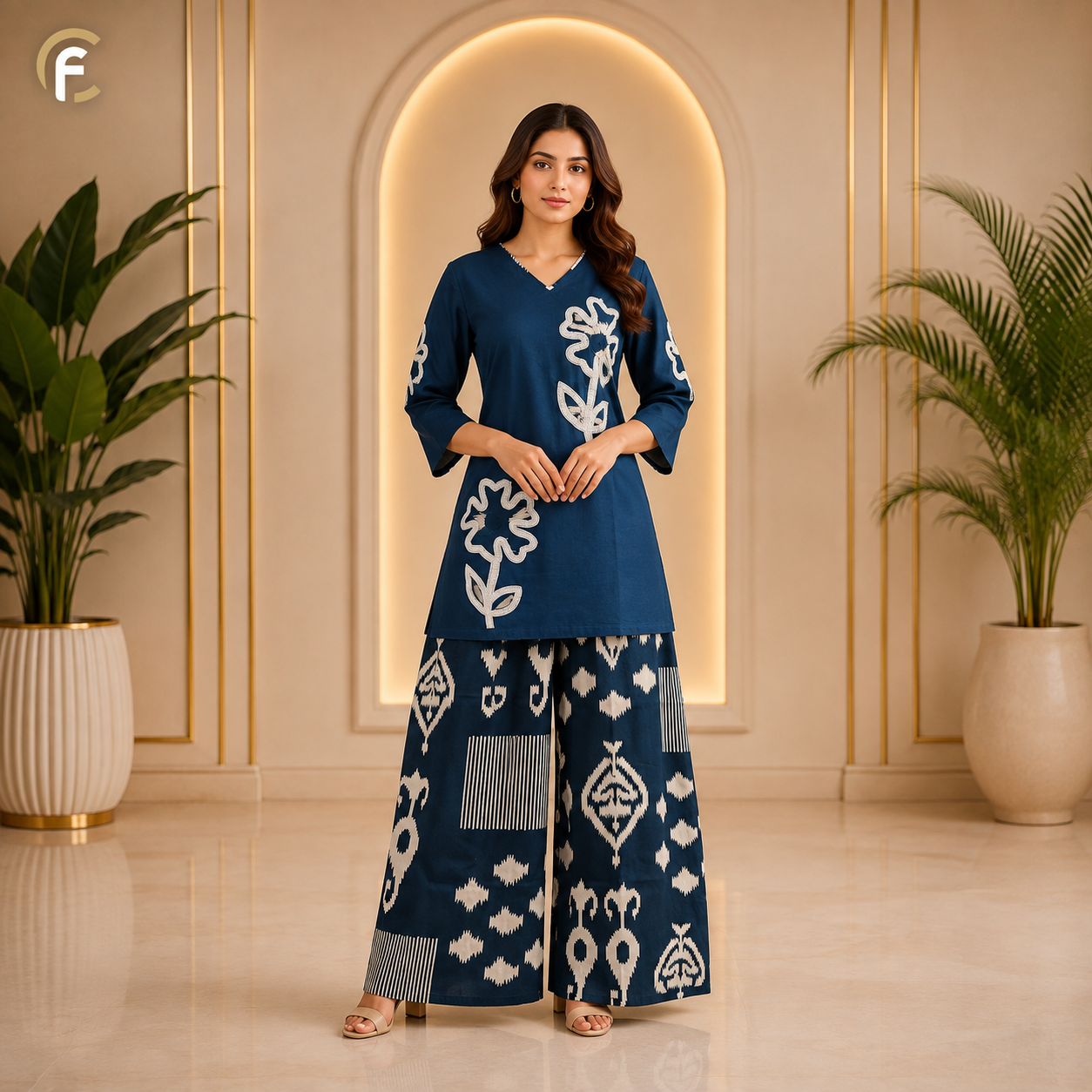 Blue Co-ord Set with White Embroidery, Sleeve Work & Printed Palazzo