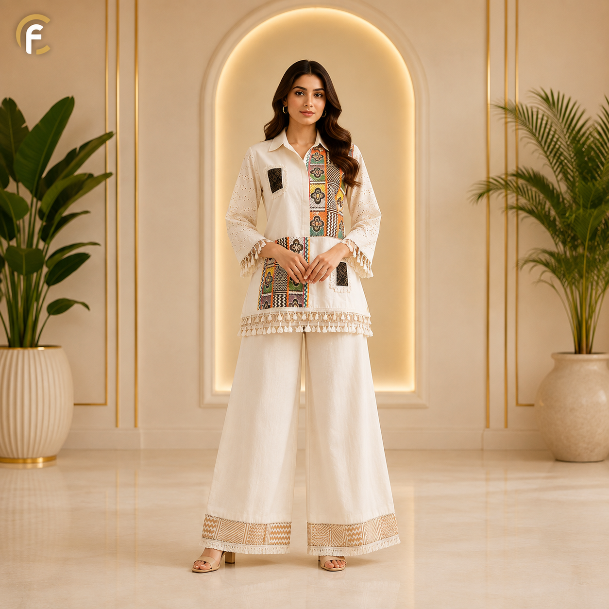 White Co-ord Set with Rajasthani Crochet Work & Border