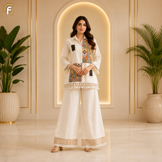 White Co-ord Set with Rajasthani Crochet Work & Border